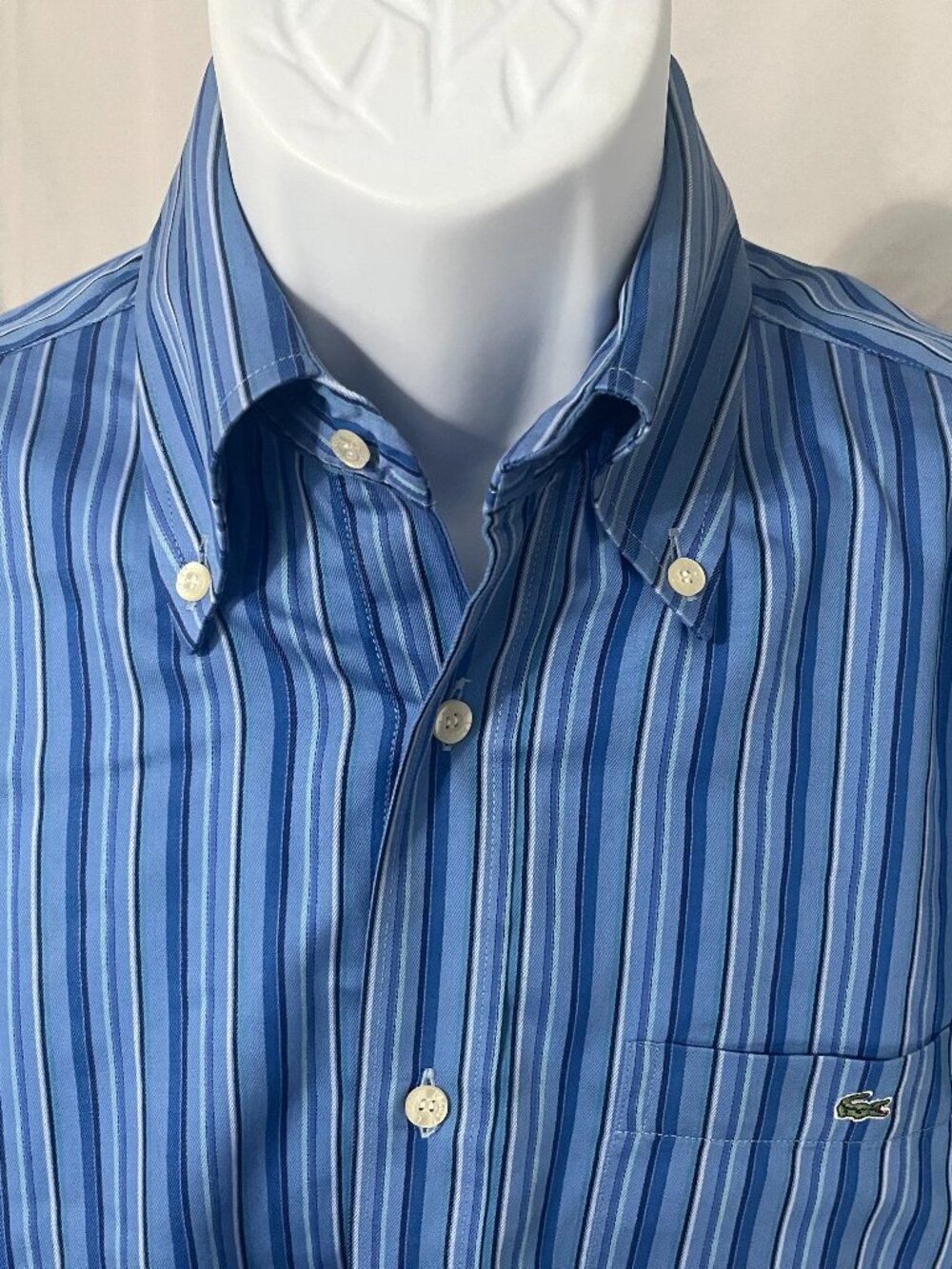 👕 Lacoste Men’s Blue White Striped Long Sleeve Shirt 40/Medium M EUC 🐊